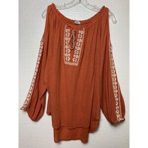 Kensie Jeans XL Boho Rust Peasant Cold Shoulder Top Blouse Embroidered Casual‎